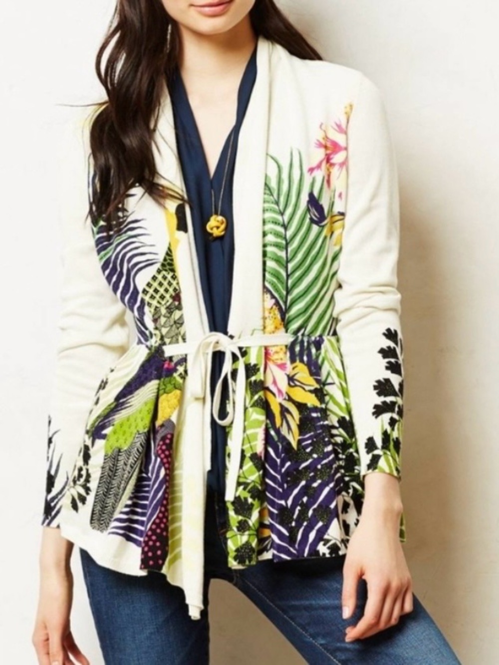 Anthropologie Moth Cardigan Size XS 100% Cotton Parrot Tropical Art To Wear Chic